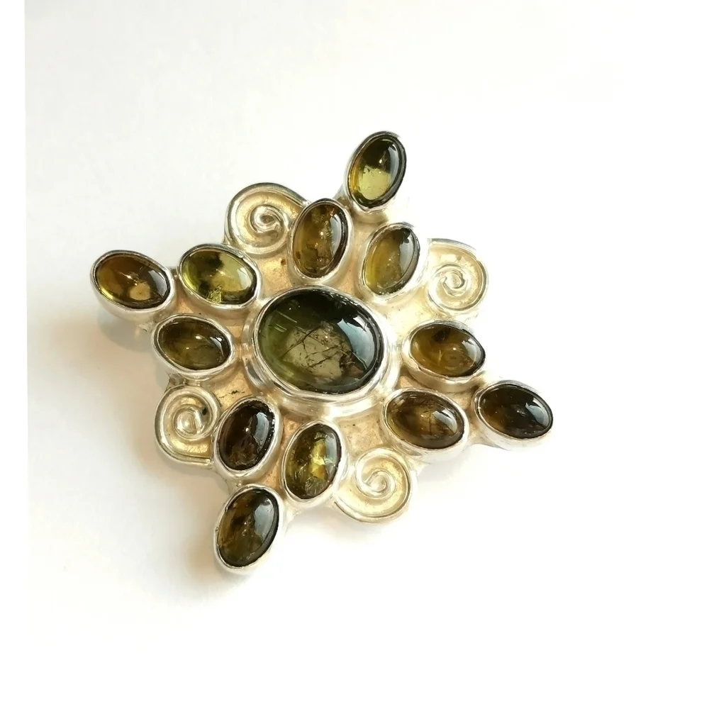 HANDMADE brooch sterling silver cabochon tourmaline